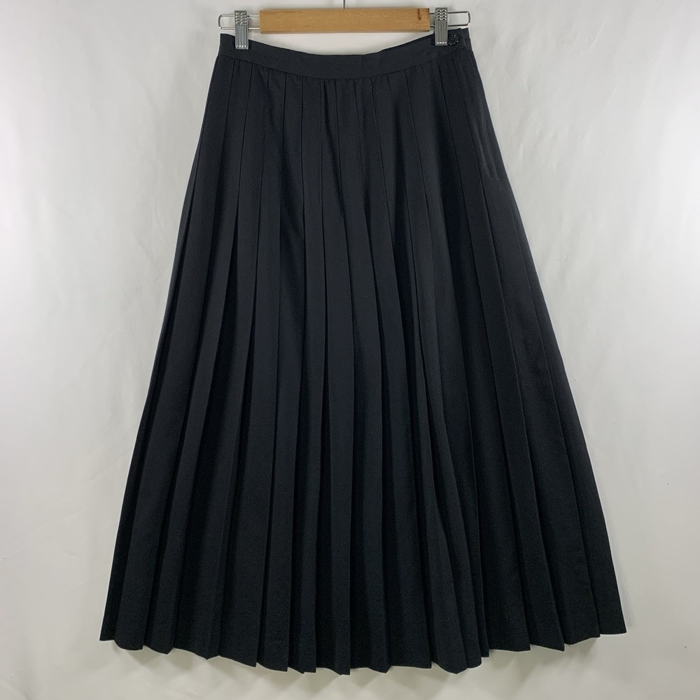 VTG 80s Academia High Rise Full Pleated Midi Skirt 26" Waist Black Old Money USA